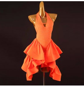 Green orange diamond competition latin dance dresses for women girls halter neck latin salsa rumba chacha performance costumes